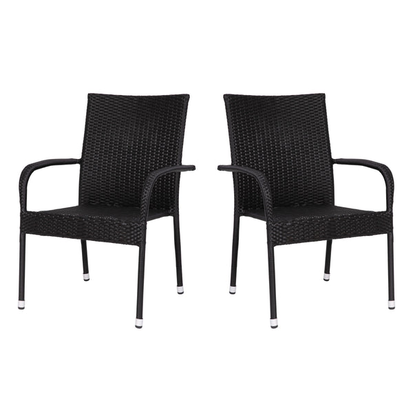 Black |#| Indoor/Outdoor Stacking Steel Framed Black Wicker Dining Armchairs - 2 Pack