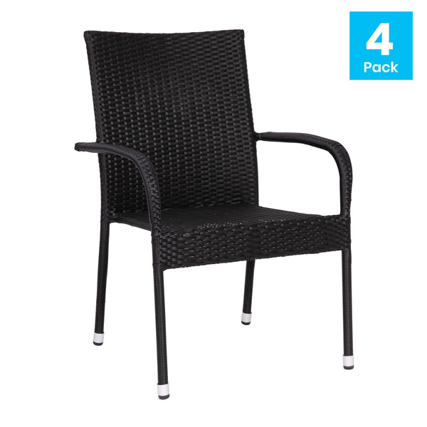 Black |#| Indoor/Outdoor Stacking Steel Framed Black Wicker Dining Armchairs - 4 Pack