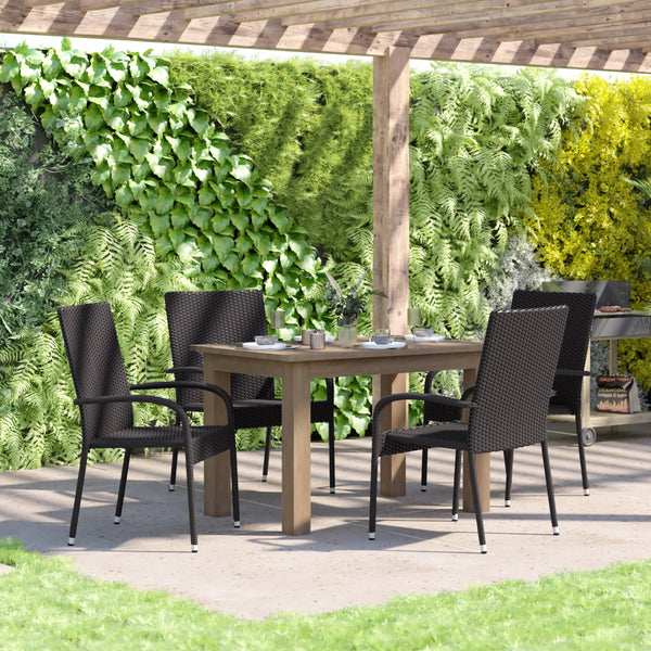 Black |#| Indoor/Outdoor Stacking Steel Framed Black Wicker Dining Armchairs - 4 Pack