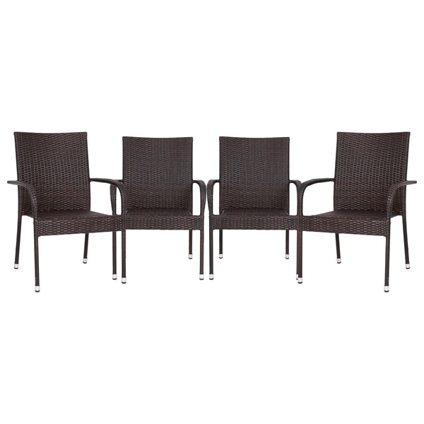 Espresso |#| Indoor/Outdoor Stacking Steel Framed Espresso Wicker Dining Armchairs - 4 Pack
