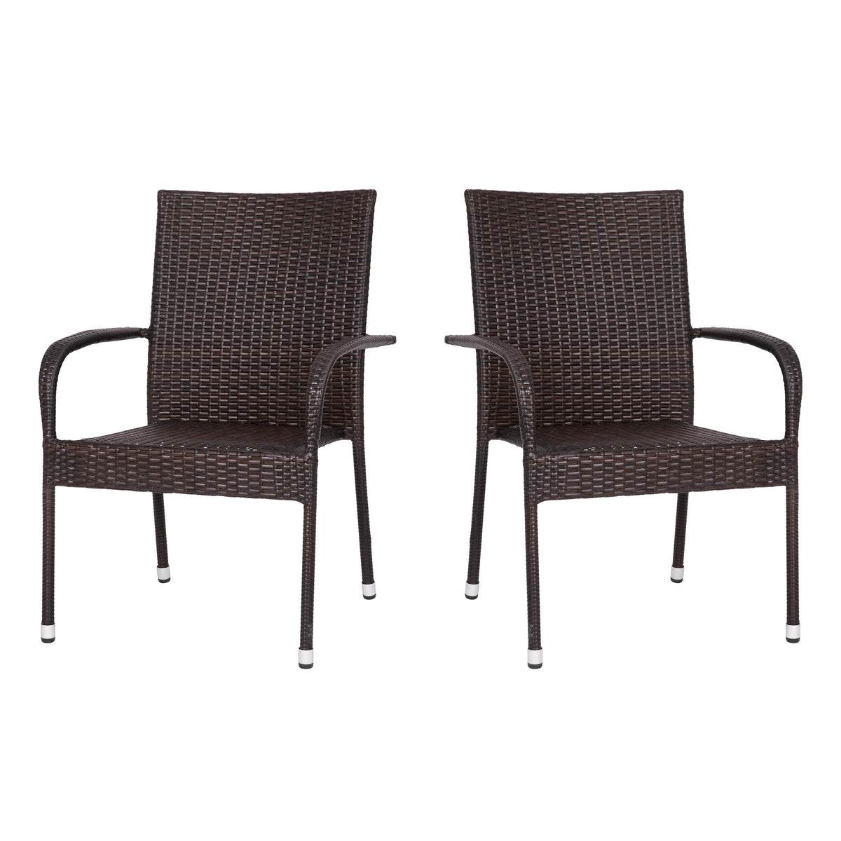 Espresso |#| Indoor/Outdoor Stacking Steel Framed Espresso Wicker Dining Armchairs - 2 Pack