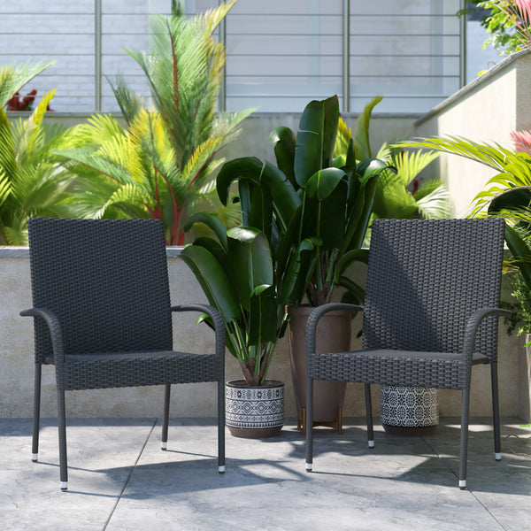 Gray |#| Indoor/Outdoor Stacking Steel Framed Gray Wicker Dining Armchairs - 2 Pack