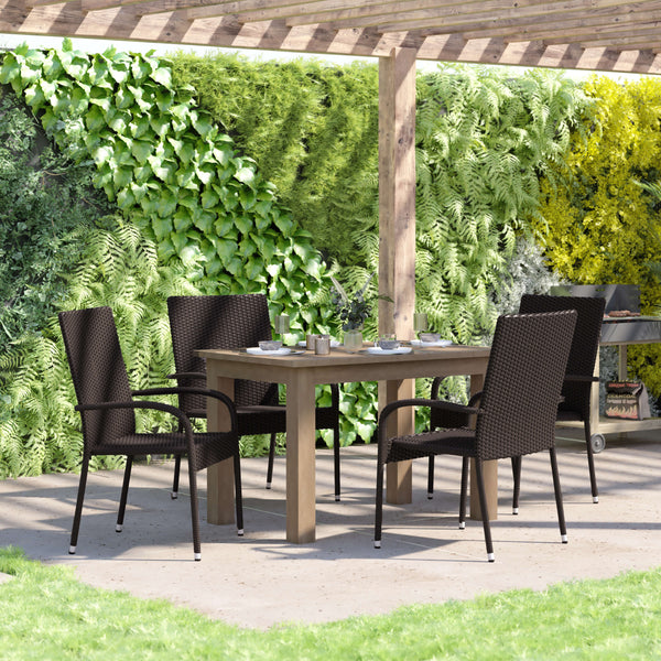 Espresso |#| Indoor/Outdoor Stacking Steel Framed Espresso Wicker Dining Armchairs - 4 Pack