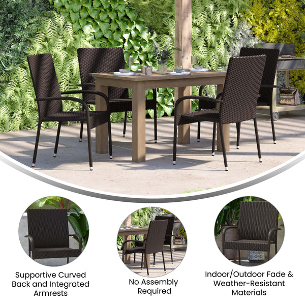 Espresso |#| Indoor/Outdoor Stacking Steel Framed Espresso Wicker Dining Armchairs - 4 Pack