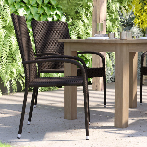 Espresso |#| Indoor/Outdoor Stacking Steel Framed Espresso Wicker Dining Armchairs - 4 Pack