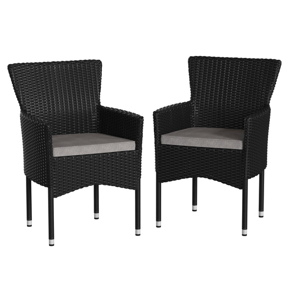 Black/Gray |#| Indoor/Outdoor Black Wicker Wrapped Steel Frame Patio Chairs & Cream Cushions