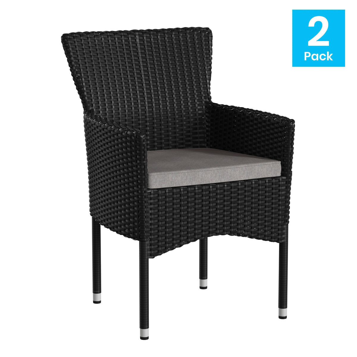 Black/Gray |#| Indoor/Outdoor Black Wicker Wrapped Steel Frame Patio Chairs & Cream Cushions