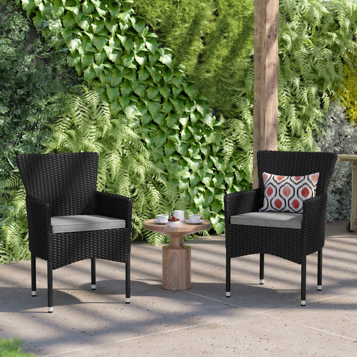 Black/Gray |#| Indoor/Outdoor Black Wicker Wrapped Steel Frame Patio Chairs & Cream Cushions