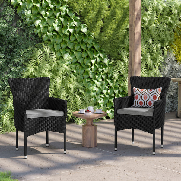 Black/Gray |#| Indoor/Outdoor Black Wicker Wrapped Steel Frame Patio Chairs & Cream Cushions