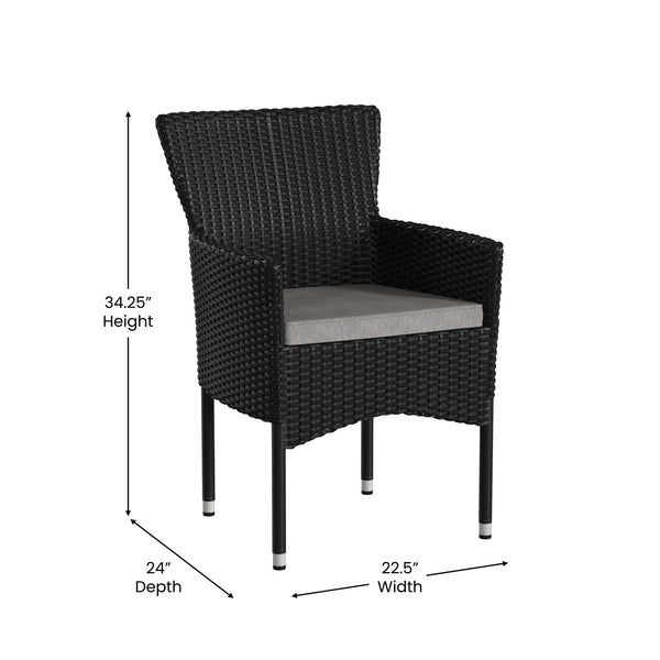 Black/Gray |#| Indoor/Outdoor Black Wicker Wrapped Steel Frame Patio Chairs & Cream Cushions