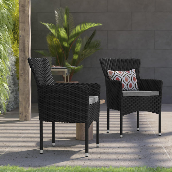 Black/Gray |#| Indoor/Outdoor Black Wicker Wrapped Steel Frame Patio Chairs & Cream Cushions