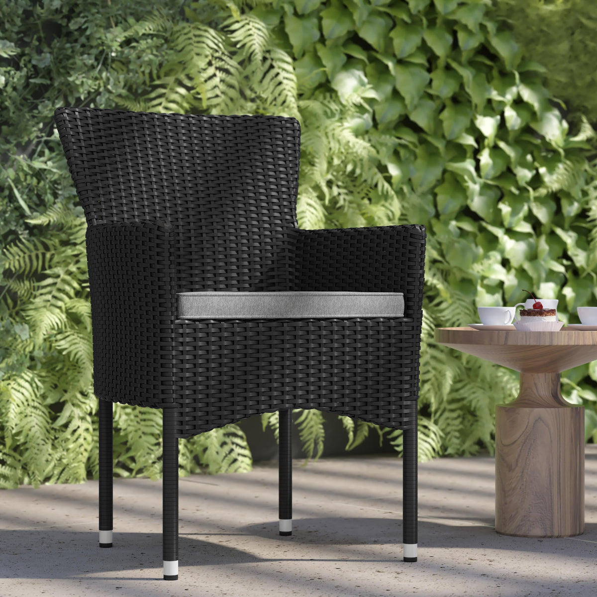 Black/Gray |#| Indoor/Outdoor Black Wicker Wrapped Steel Frame Patio Chairs & Cream Cushions