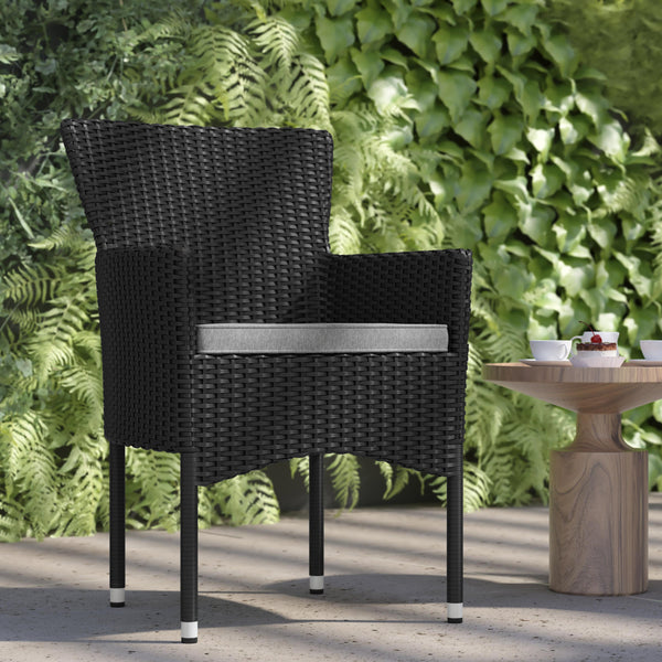 Black/Gray |#| Indoor/Outdoor Black Wicker Wrapped Steel Frame Patio Chairs & Cream Cushions