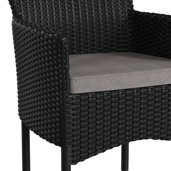 Black/Gray |#| Indoor/Outdoor Black Wicker Wrapped Steel Frame Patio Chairs & Cream Cushions