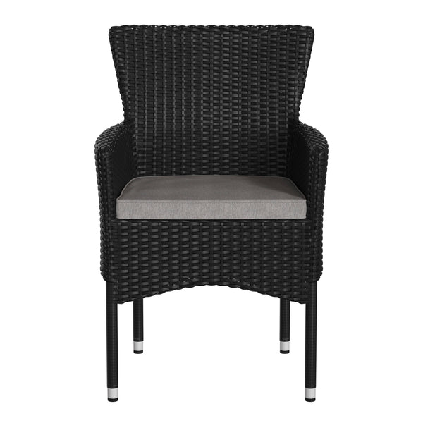 Black/Gray |#| Indoor/Outdoor Black Wicker Wrapped Steel Frame Patio Chairs & Cream Cushions