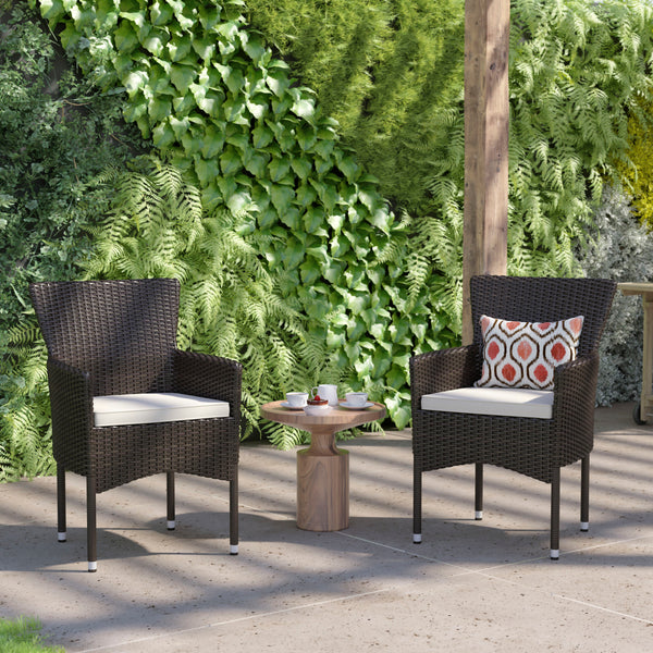 Espresso/Cream |#| Indoor/Outdoor Espresso Wicker Wrapped Steel Frame Patio Chairs & Cream Cushions