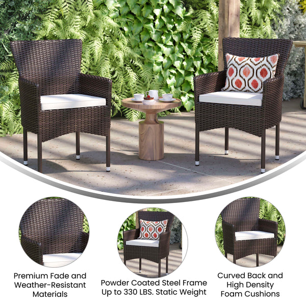 Espresso/Cream |#| Indoor/Outdoor Espresso Wicker Wrapped Steel Frame Patio Chairs & Cream Cushions