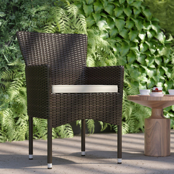 Espresso/Cream |#| Indoor/Outdoor Espresso Wicker Wrapped Steel Frame Patio Chairs & Cream Cushions