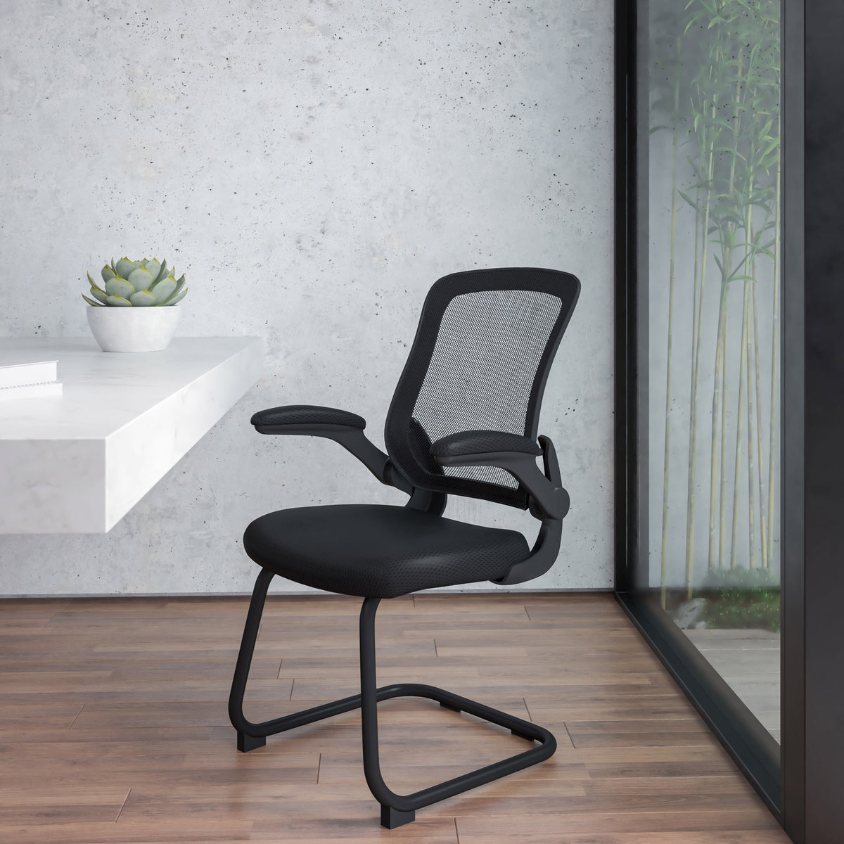 Black Mesh Sled Base Side Reception Guest Office Chair with Flip-Up Arms