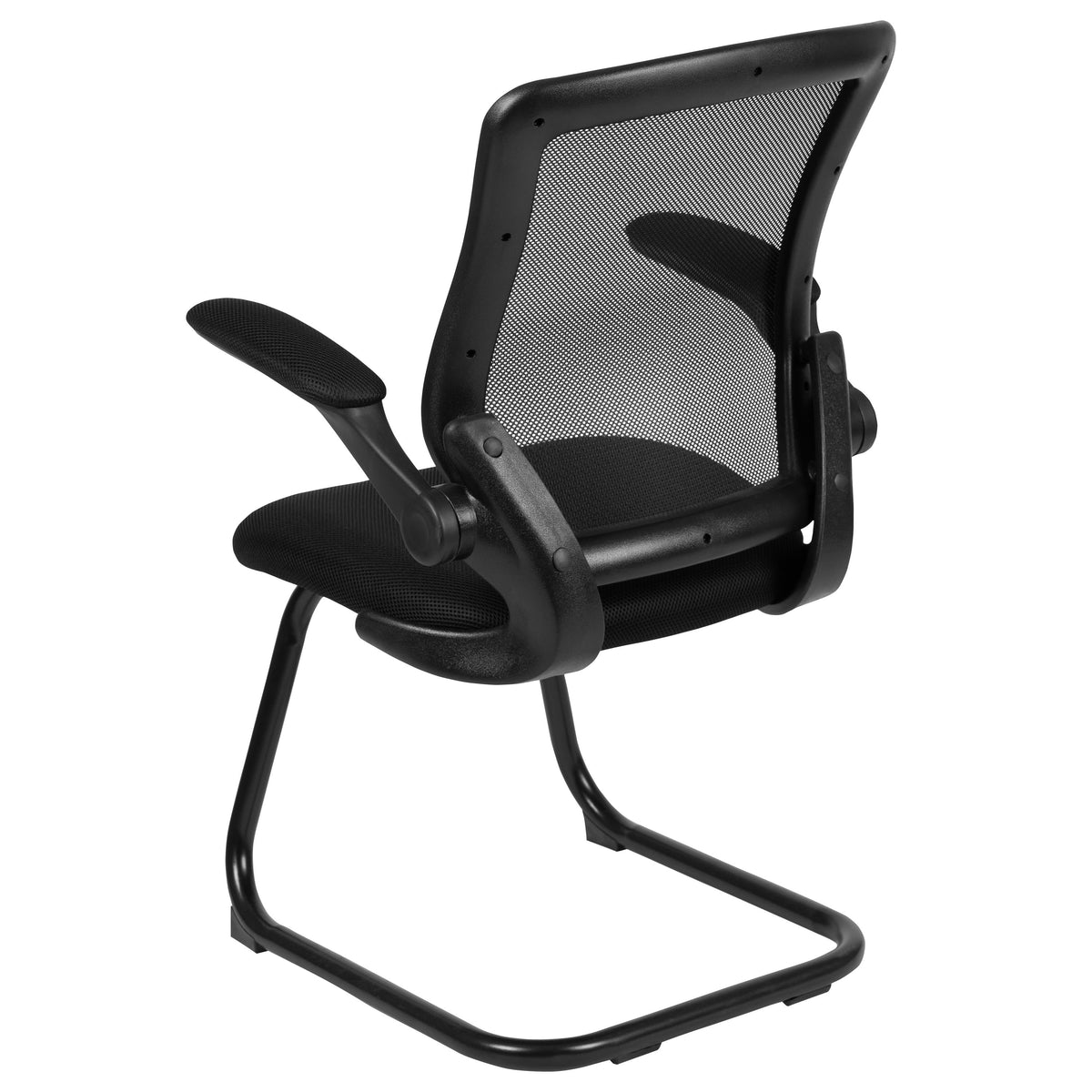 Black Mesh Sled Base Side Reception Guest Office Chair with Flip-Up Arms