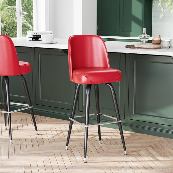 Red |#| Metal Bar Stool with Swivel Vinyl Bucket Seat and Footrest in Red