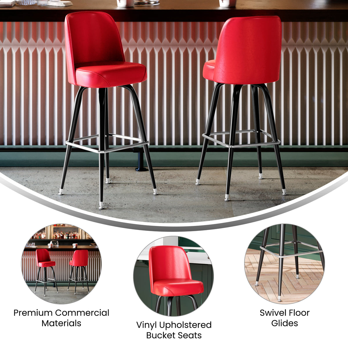 Red |#| Metal Bar Stool with Swivel Vinyl Bucket Seat and Footrest in Red