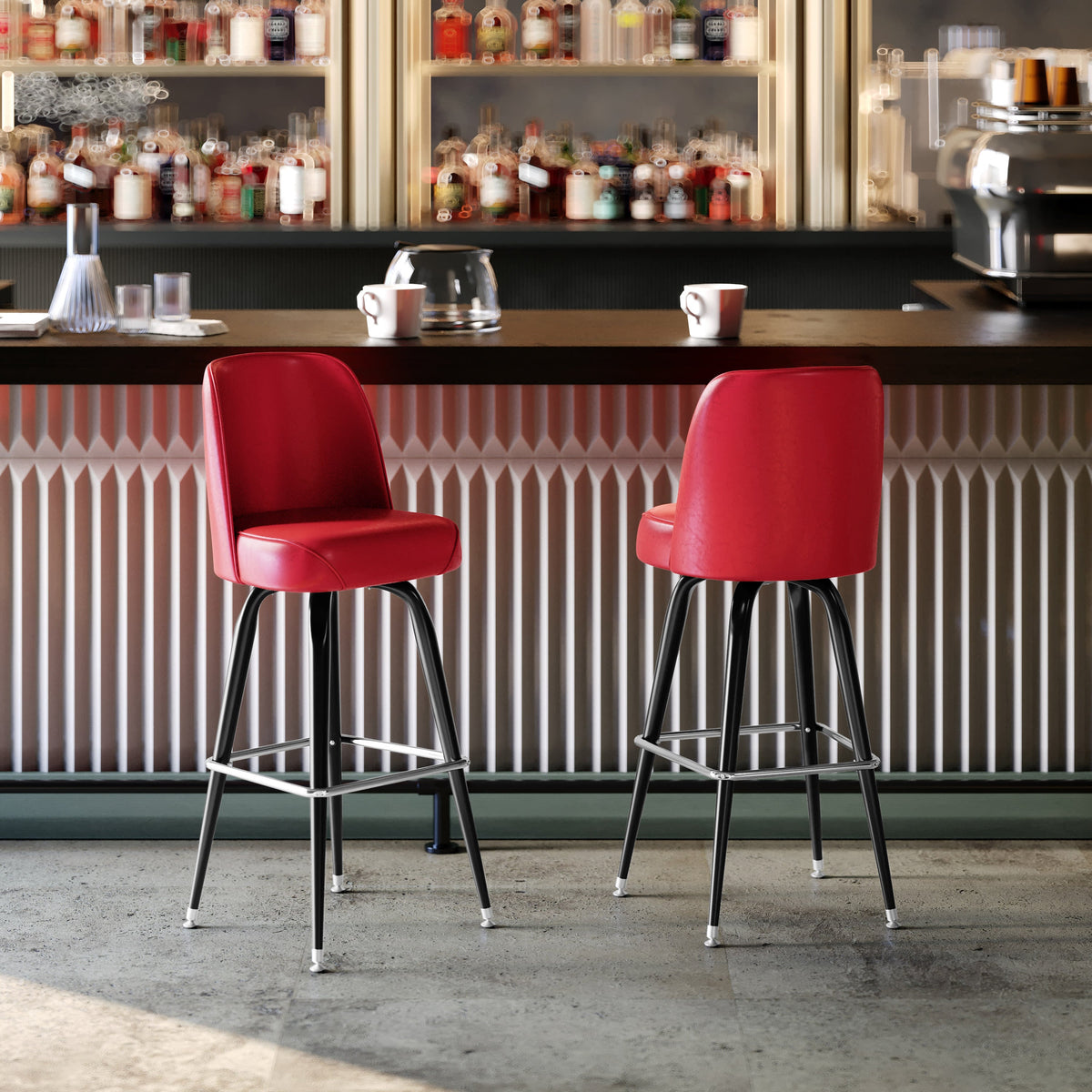 Red |#| Metal Bar Stool with Swivel Vinyl Bucket Seat and Footrest in Red