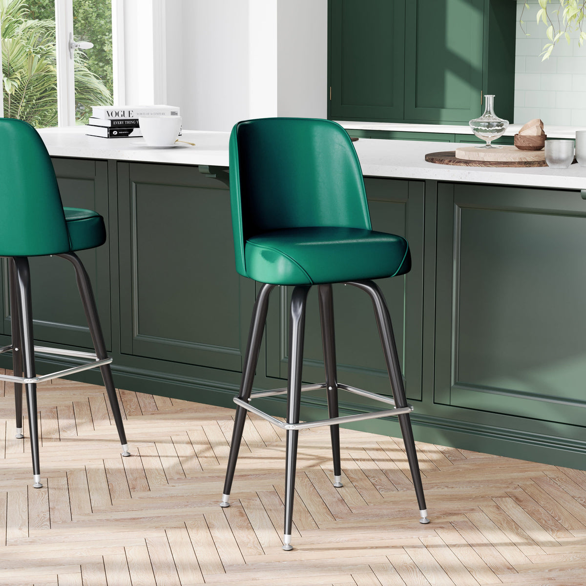 Green |#| Metal Bar Stool with Swivel Vinyl Bucket Seat and Footrest in Green