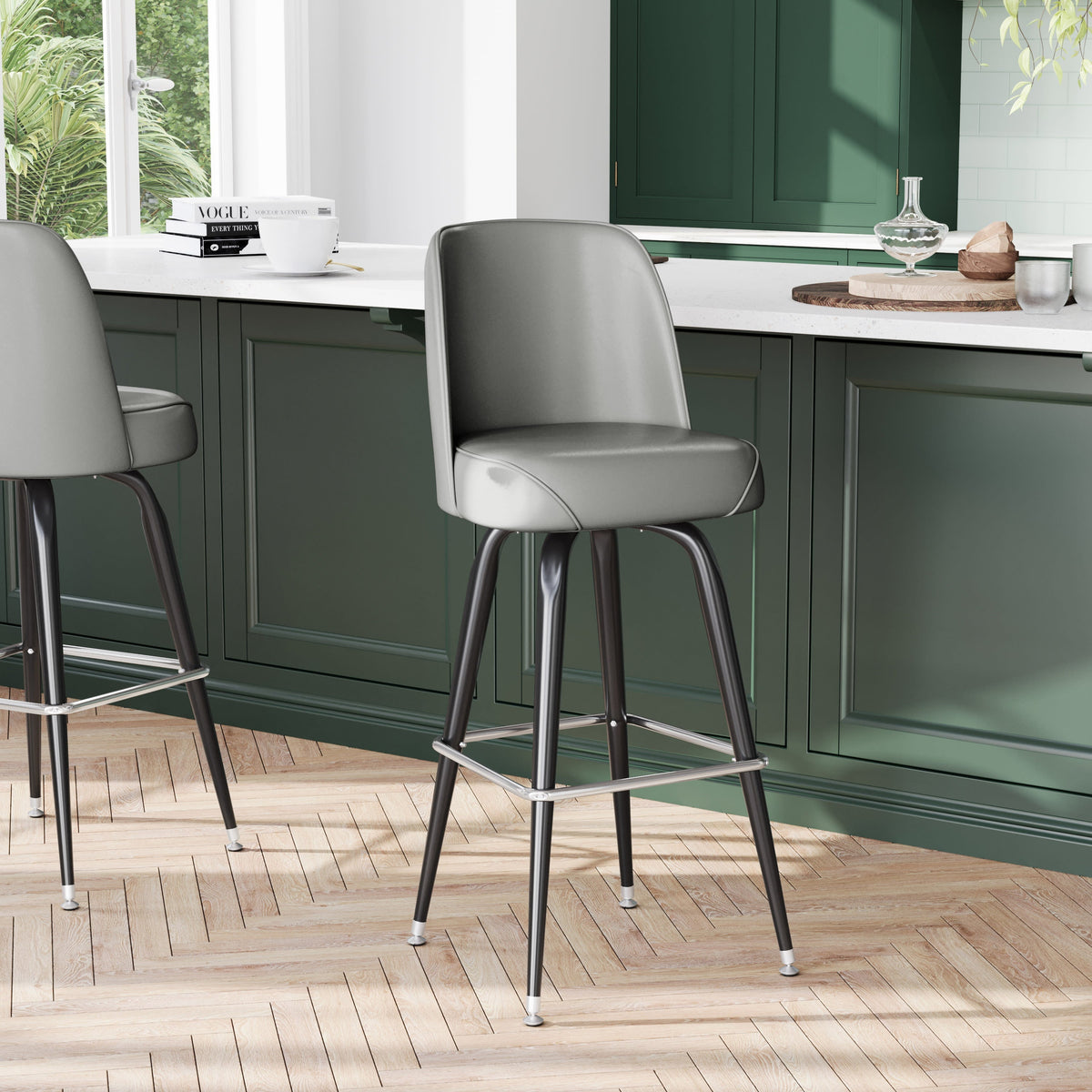 Gray |#| Metal Bar Stool with Swivel Vinyl Bucket Seat and Footrest in Gray