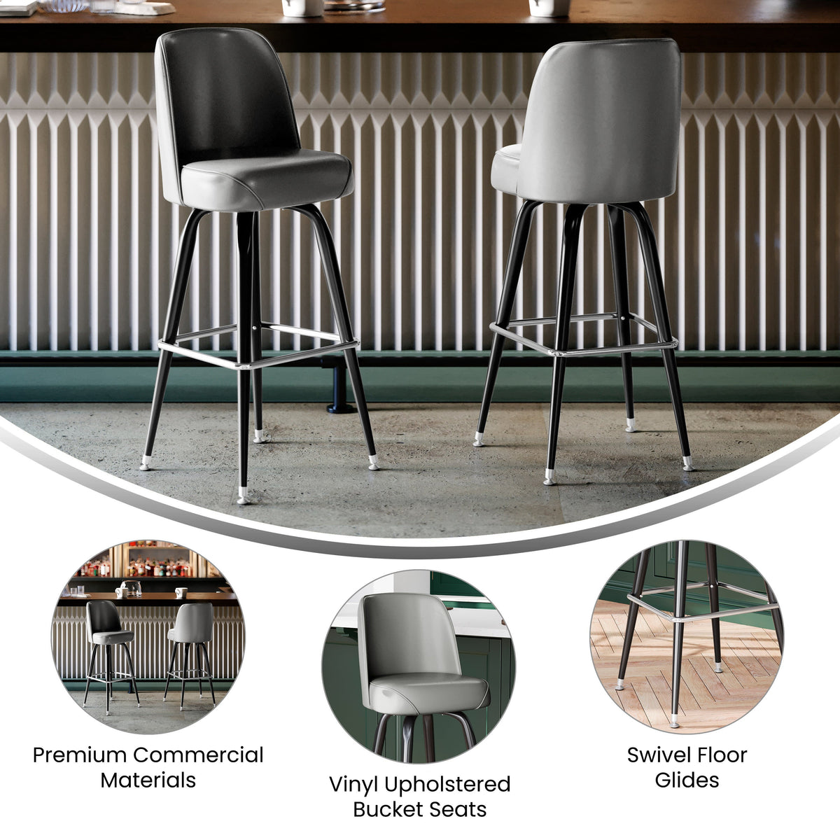 Gray |#| Metal Bar Stool with Swivel Vinyl Bucket Seat and Footrest in Gray