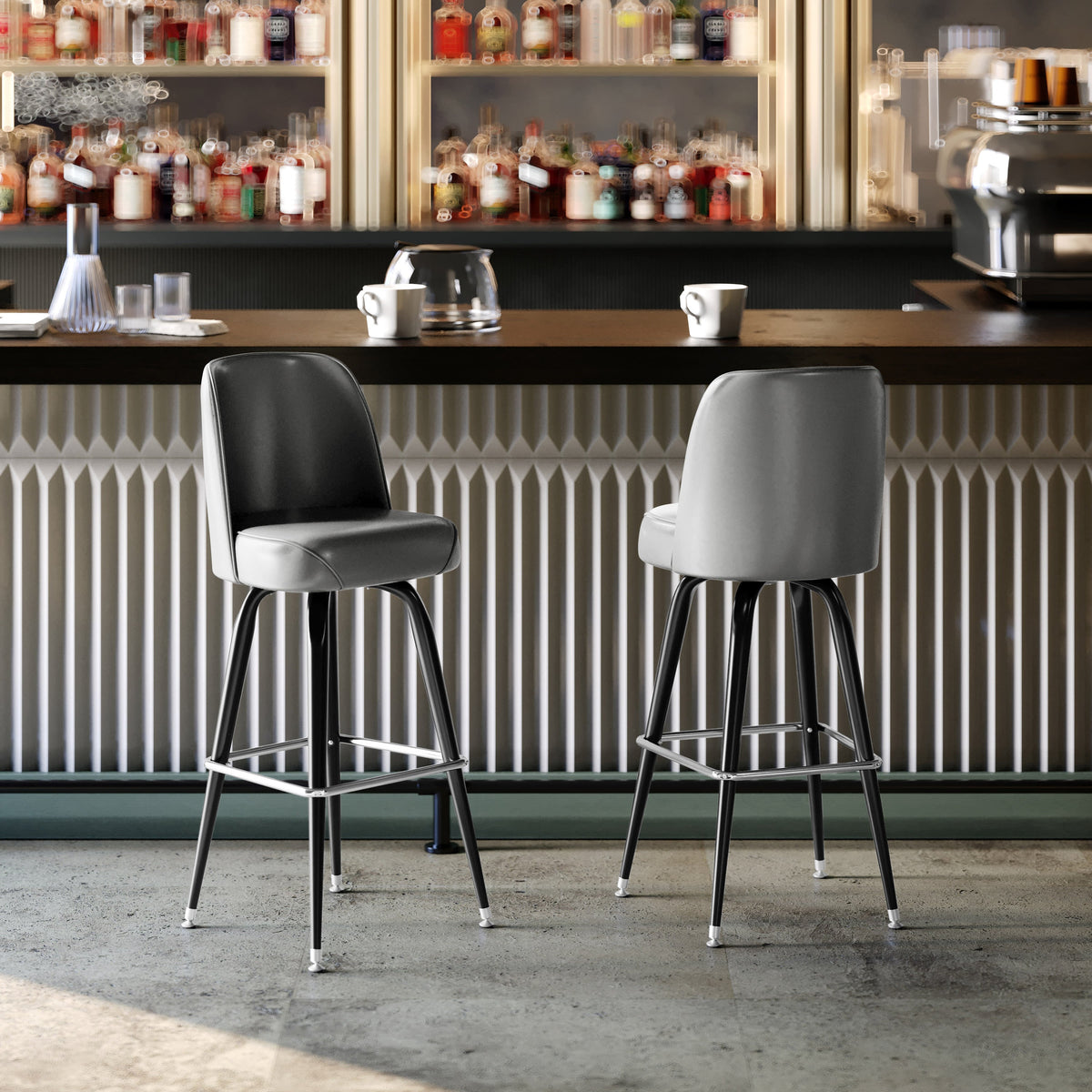 Gray |#| Metal Bar Stool with Swivel Vinyl Bucket Seat and Footrest in Gray