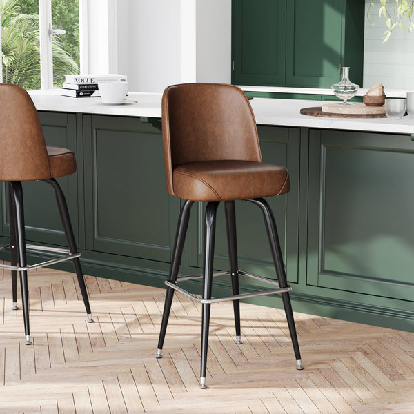 Weathered Brown |#| Metal Bar Stool with Swivel Vinyl Bucket Seat and Footrest in Weathered Brown