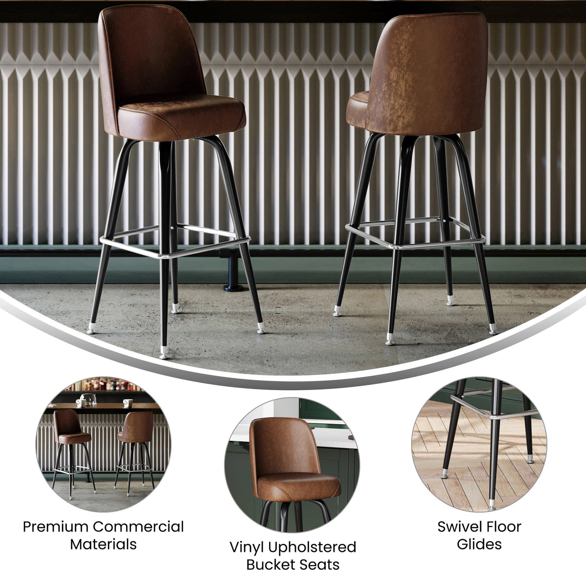 Weathered Brown |#| Metal Bar Stool with Swivel Vinyl Bucket Seat and Footrest in Weathered Brown