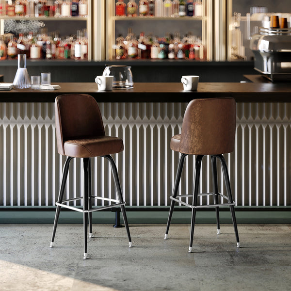 Weathered Brown |#| Metal Bar Stool with Swivel Vinyl Bucket Seat and Footrest in Weathered Brown