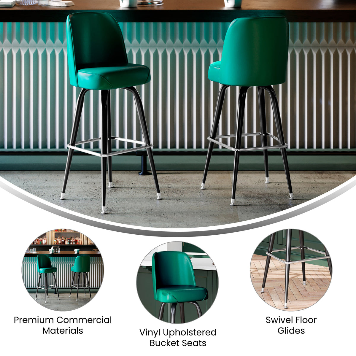 Green |#| Metal Bar Stool with Swivel Vinyl Bucket Seat and Footrest in Green
