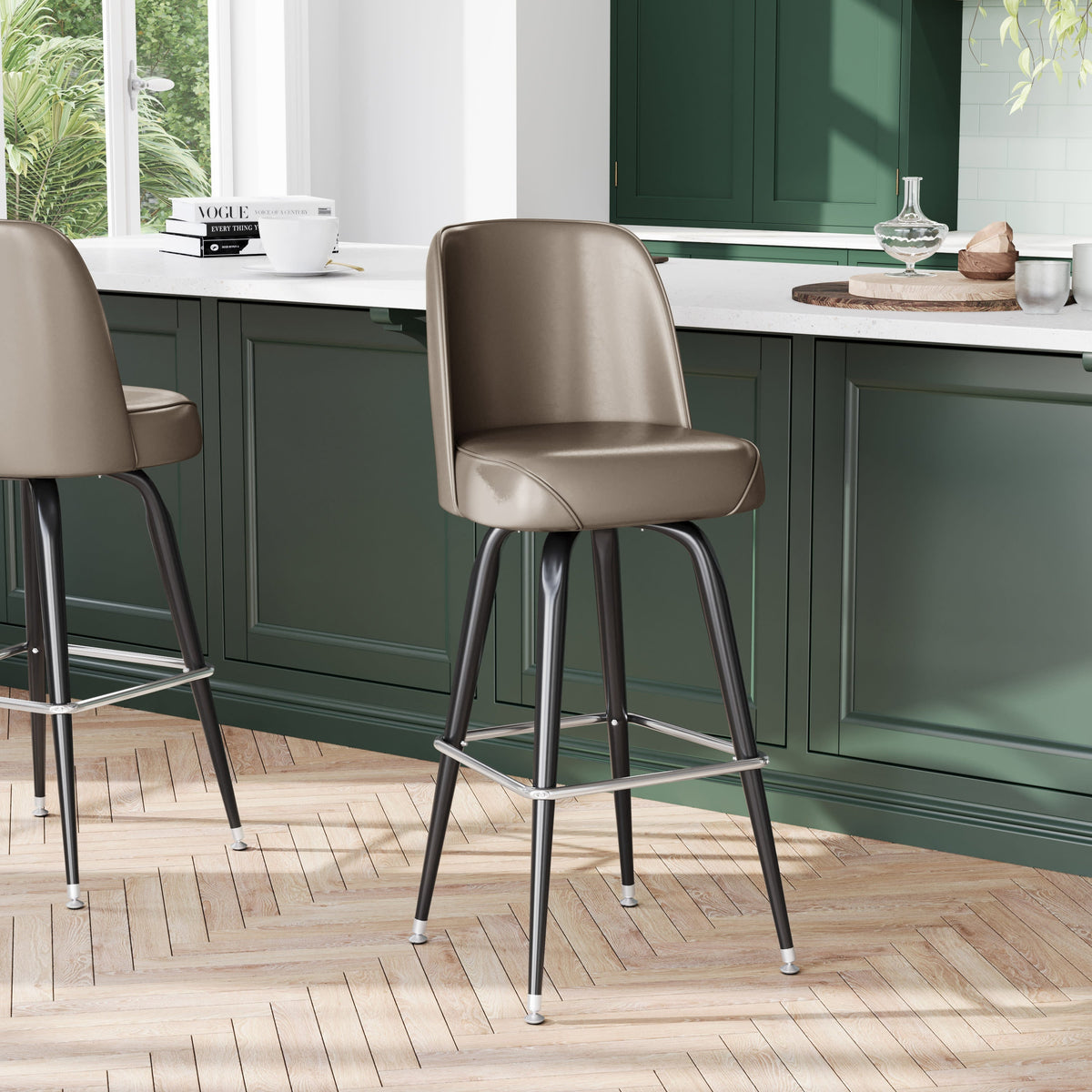 Beige |#| Metal Bar Stool with Swivel Vinyl Bucket Seat and Footrest in Beige