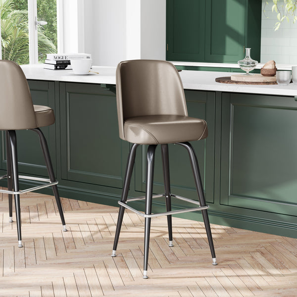 Beige |#| Metal Bar Stool with Swivel Vinyl Bucket Seat and Footrest in Beige
