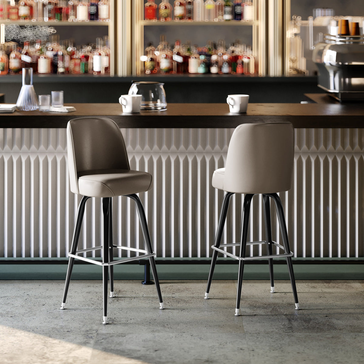 Beige |#| Metal Bar Stool with Swivel Vinyl Bucket Seat and Footrest in Beige
