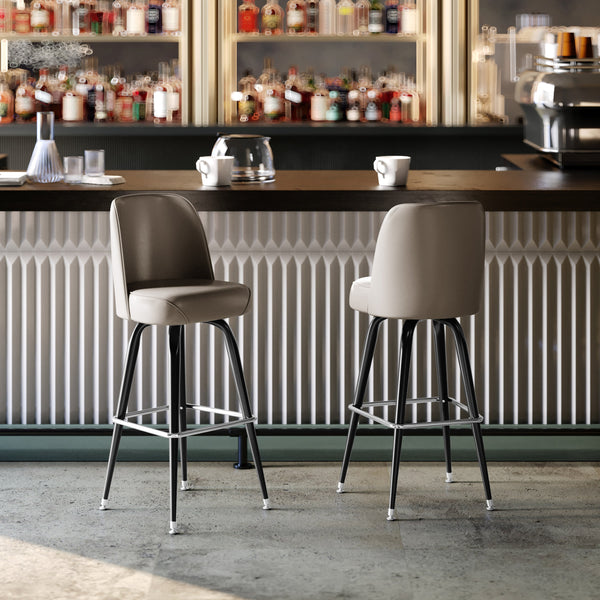 Beige |#| Metal Bar Stool with Swivel Vinyl Bucket Seat and Footrest in Beige