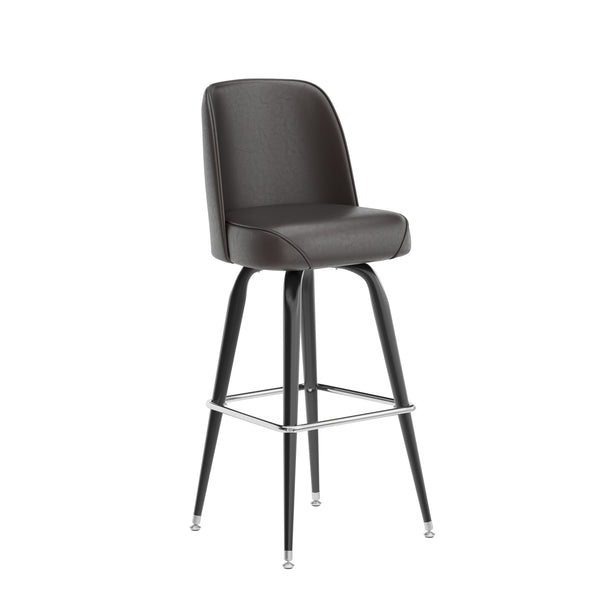 Dark Brown |#| Metal Bar Stool with Swivel Vinyl Bucket Seat and Footrest in Dark Brown