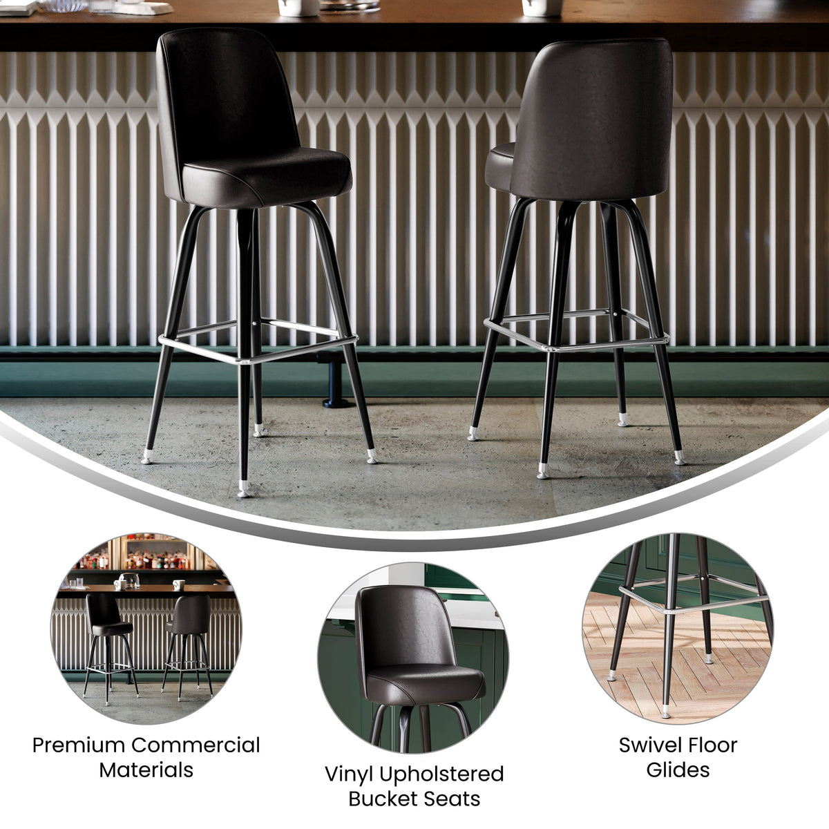 Dark Brown |#| Metal Bar Stool with Swivel Vinyl Bucket Seat and Footrest in Dark Brown