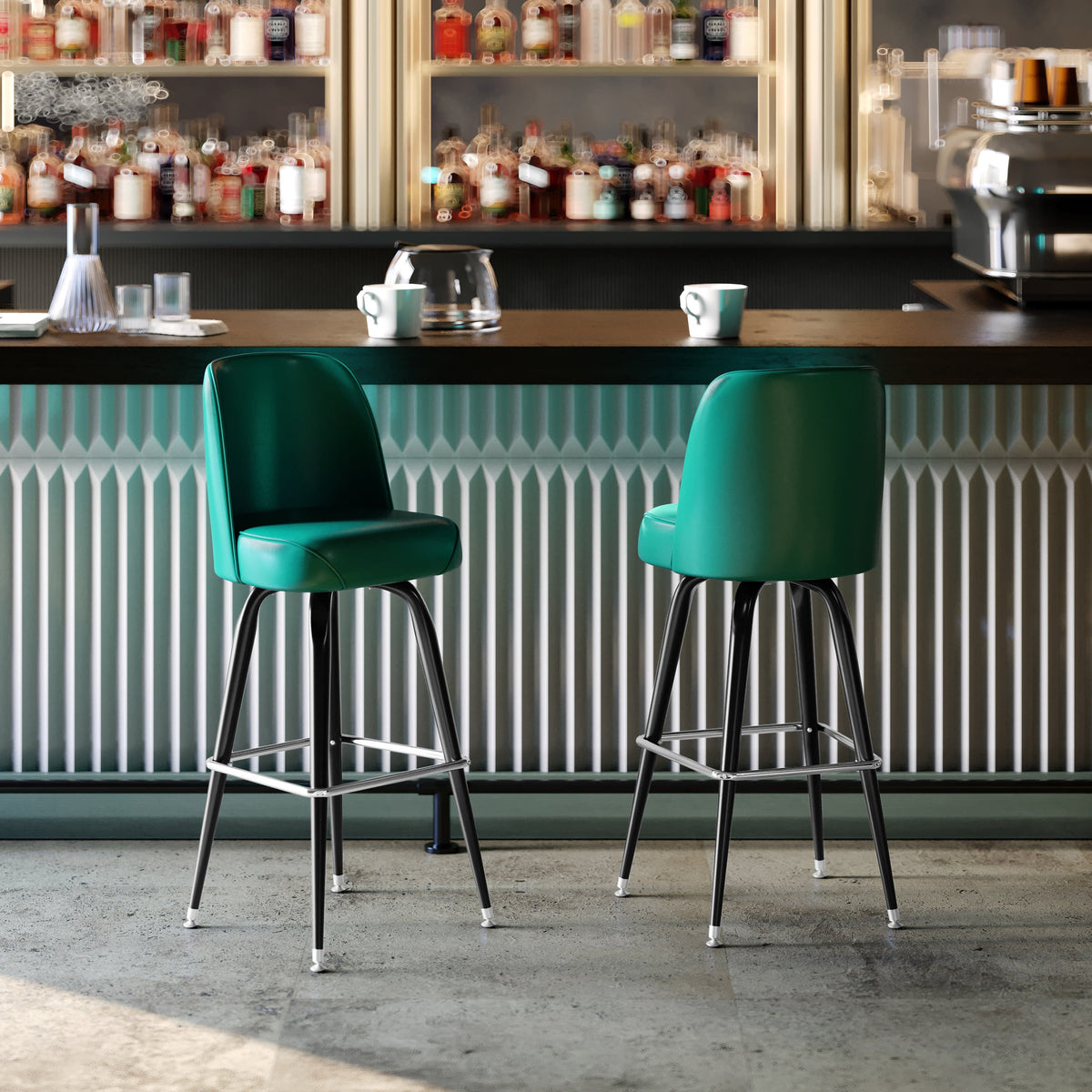 Green |#| Metal Bar Stool with Swivel Vinyl Bucket Seat and Footrest in Green