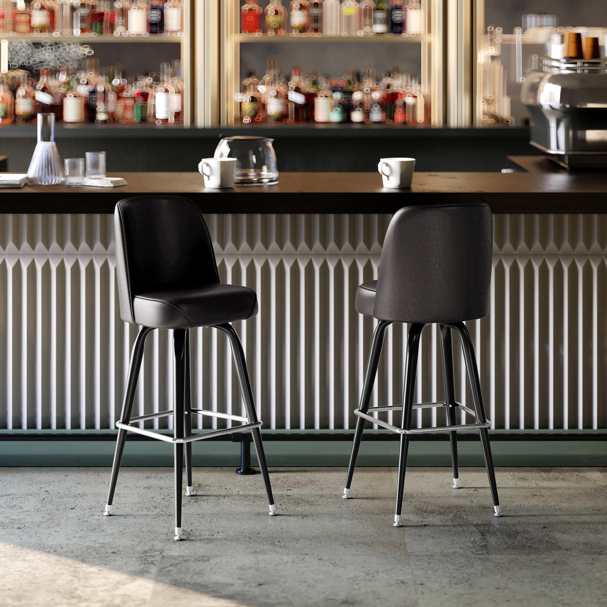 Dark Brown |#| Metal Bar Stool with Swivel Vinyl Bucket Seat and Footrest in Dark Brown