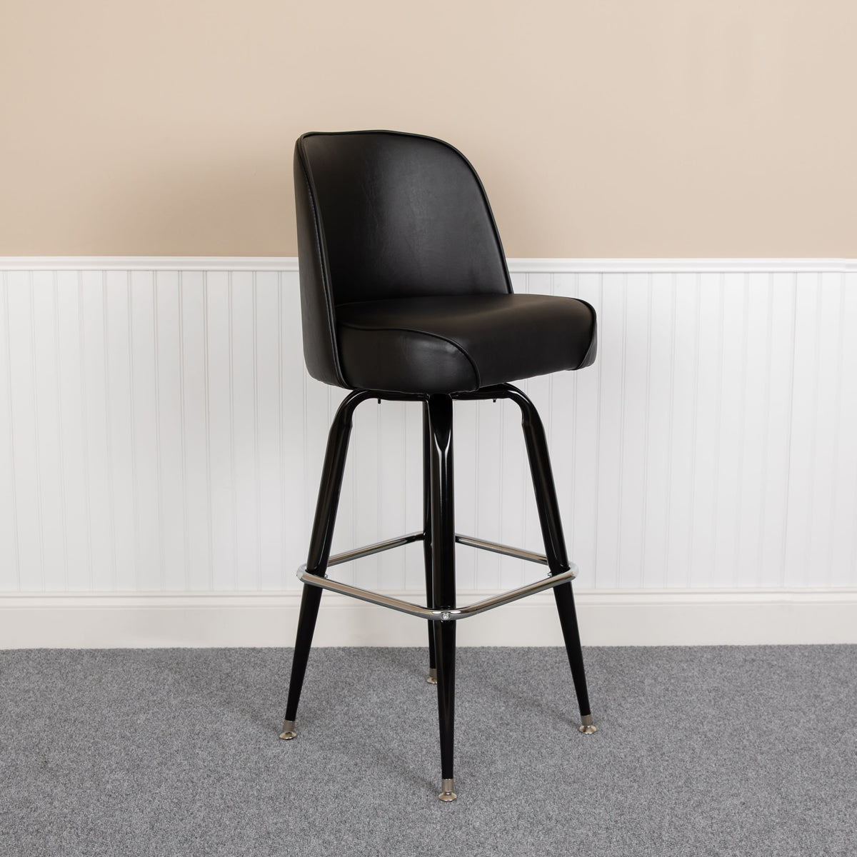 Metal Barstool with Swivel Black Vinyl Upholstered Bucket Seat and Footrest