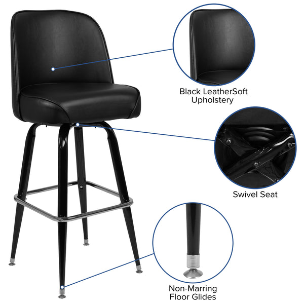 Metal Barstool with Swivel Black Vinyl Upholstered Bucket Seat and Footrest