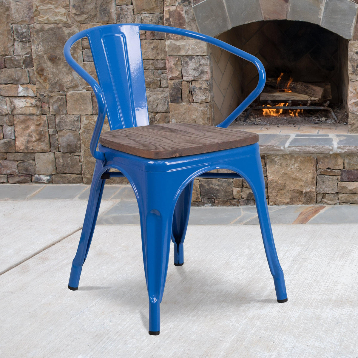 Blue |#| Blue Metal Chair with Wood Seat and Arms - Restaurant Chair - Bistro Chair