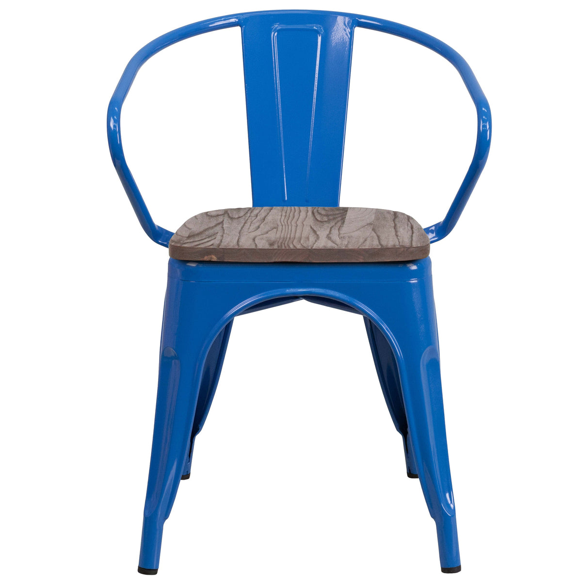 Blue |#| Blue Metal Chair with Wood Seat and Arms - Restaurant Chair - Bistro Chair