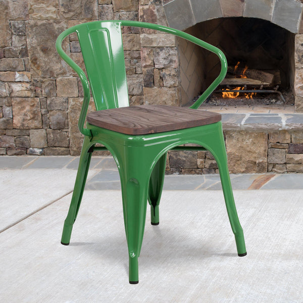 Green |#| Green Metal Chair with Wood Seat and Arms - Restaurant Furniture