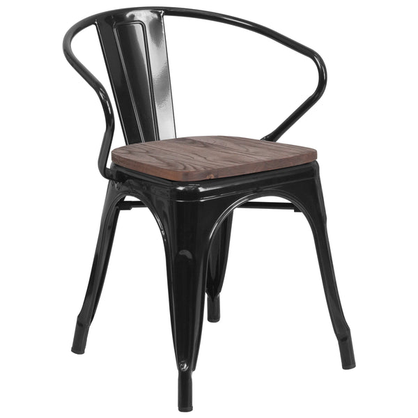 Black |#| Black Metal Chair with Wood Seat and Arms - Restaurant Chair - Bistro Chair