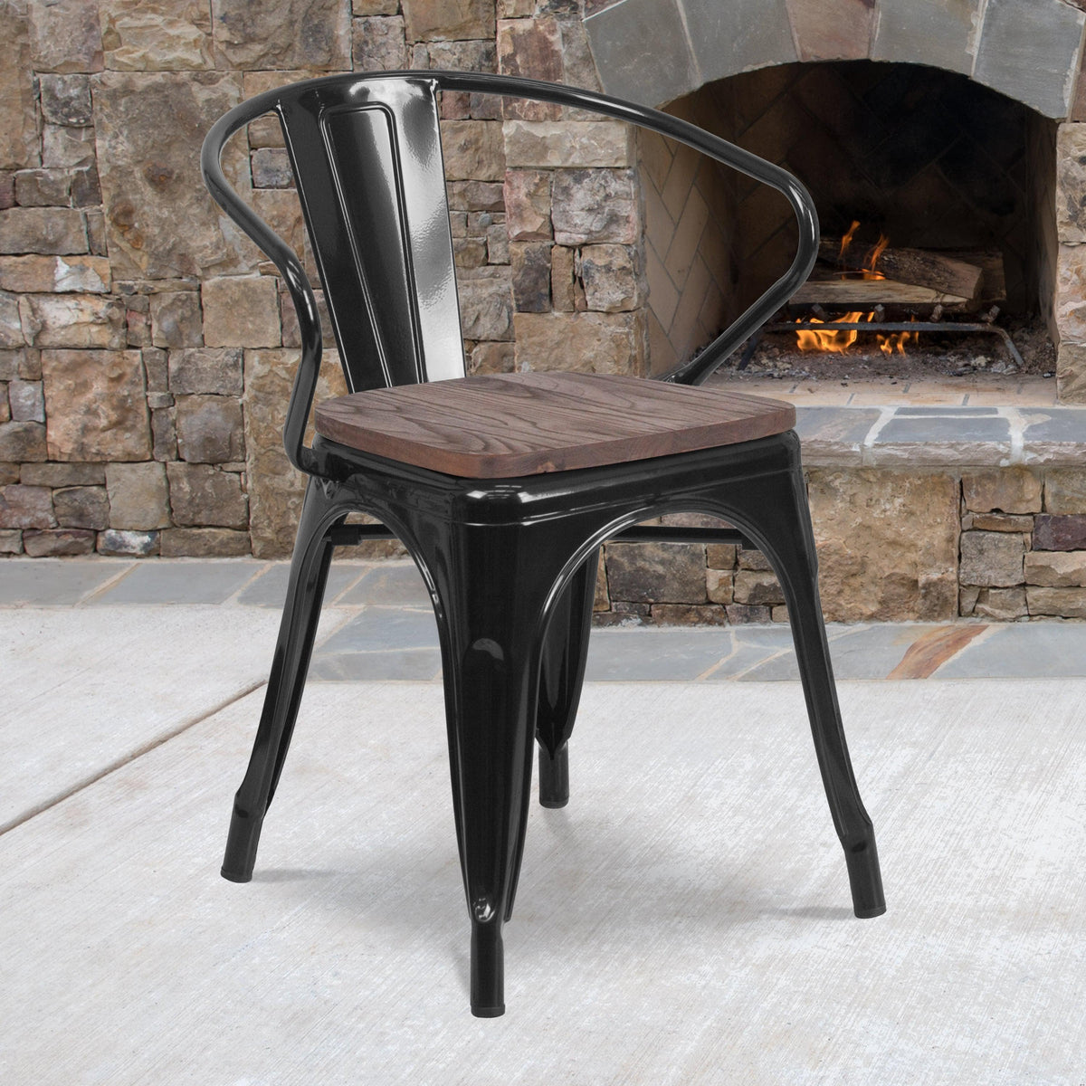 Black |#| Black Metal Chair with Wood Seat and Arms - Restaurant Chair - Bistro Chair